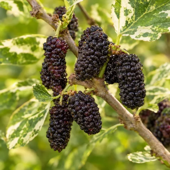 Mûrier blanc 'Papers doll' (Morus alba) — fruits noirs allongés sur rameau au feuillage panaché