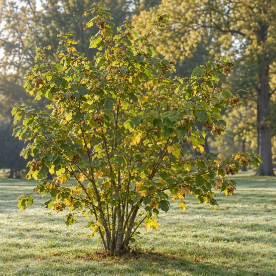 Noisetier 'Geante des halles' (Corylus avellana) — grand arbuste isolé chargé de fruits · Photo d'illustration