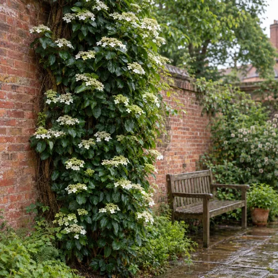 Hortensia (Hydrangea seemanii) — plante grimpante à fleurs blanches contre mur en briques · Photo d'illustration