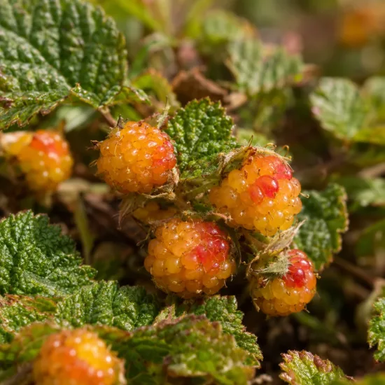 Framboisier rampant de taïwan (Rubus hayata-koidzumii) — petits fruits orangés mûrissants parmi des feuilles gaufrées · Photo d'illustration