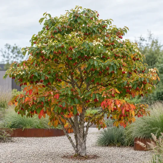 Cornouiller du japon 'Teutonia' (Cornus kousa) — petit arbre coloré au centre d’un massif · Photo d'illustration
