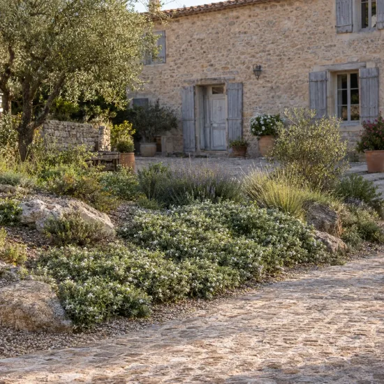 Westringia 'Green mundi' — massif couvre-sol fleuri devant maison en pierre · Photo d'illustration