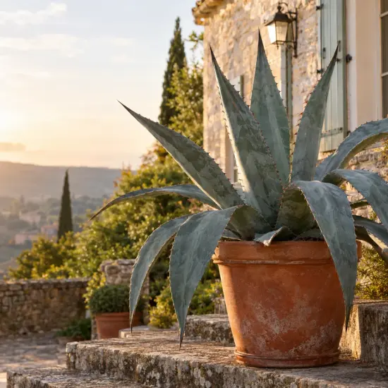 Agave (Agave valenciana) — grand plant succulent en pot sur marches