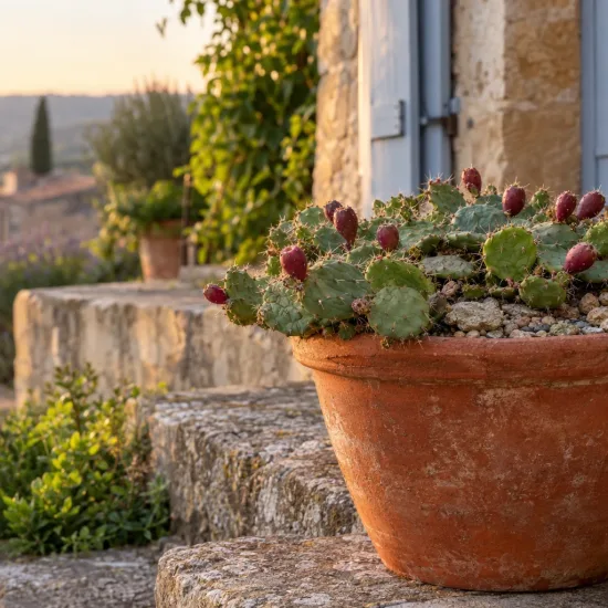 Oponce de l'est 'Point pelee' (Opuntia humifusa) — cactus en pot sur marches en pierre