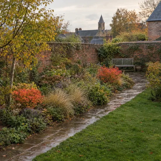 Fusain ailé 'Compactus' (Euonymus alatus) — massif de jardin automnal le long d’un muret · Photo d'illustration