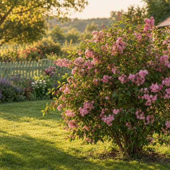 Deutzie 'Carminea' (Deutzia rosea) — arbuste fleuri rose dans un jardin ensoleillé · Photo d'illustration