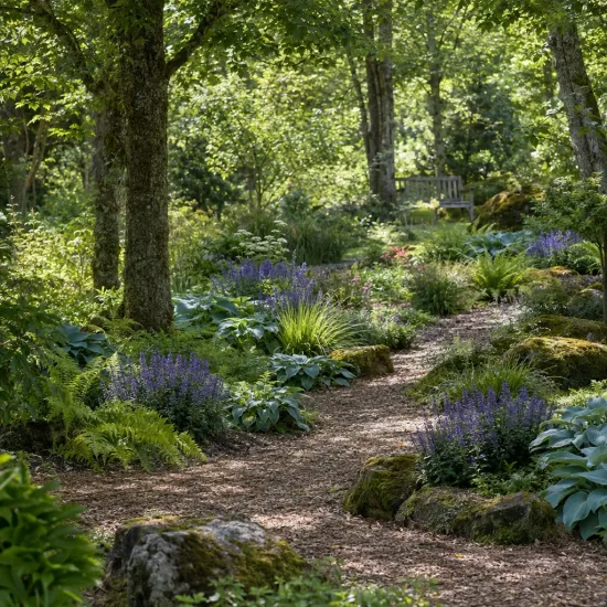 Sauge officinale 'Blue' (Salvia apex) — massif de vivaces bleues le long d'un sentier · Photo d'illustration