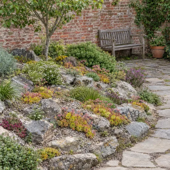 Joubarbe lemon waves 'Chick charms lemon waves' (Sempervivum) — massif de rocailles fleuries au pied d’un mur · Photo d'illustration