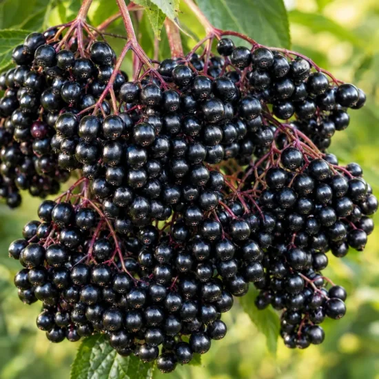 Sureau noir à gros fruits 'Haschberg' (Sambucus nigra) — grappes serrées de baies noires brillantes