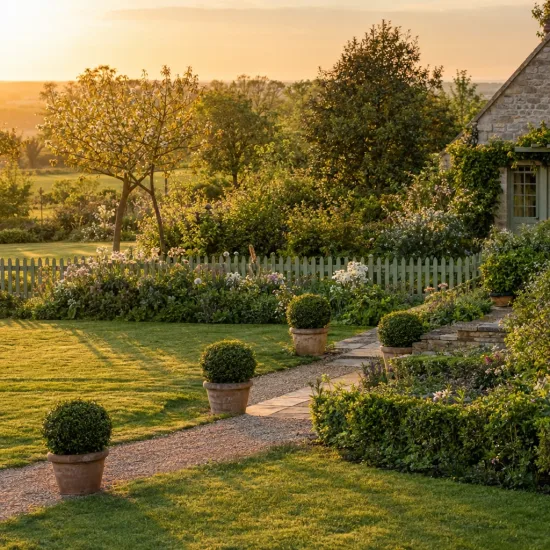 Houx crénelé 'Hollybox' (Ilex vomiforia) — jardin paysager au coucher du soleil · Photo d'illustration