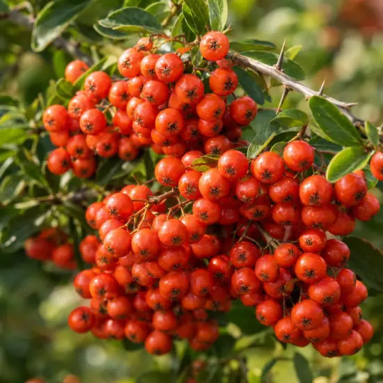 Buisson-ardent 'Mohave' (Pyracantha) — grosse grappe de baies orangées et feuillage vert