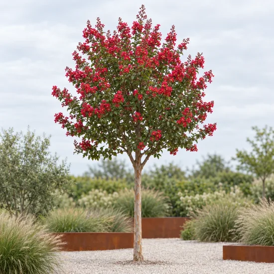 Lilas des indes 'Rouge' (Lagerstroemia indica) — arbre aux fleurs rouges isolé dans jardin minéral · Photo d'illustration