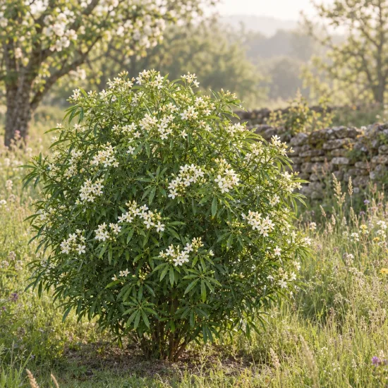 Oranger du mexique 'Aztec pearl' (Choisya ternata) — arbuste arrondi couvert de petites fleurs blanches · Photo d'illustration