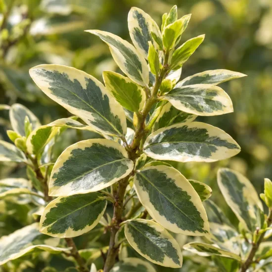 Alaterne panaché 'Argenteovariegata' (Rhamnus alaternus) — feuillage panaché vert et crème en gros plan