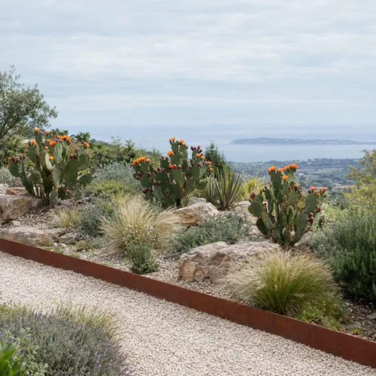 Oponce à fleurs oranges (Opuntia elata) — cactus dressés aux fleurs oranges dans massif sec
