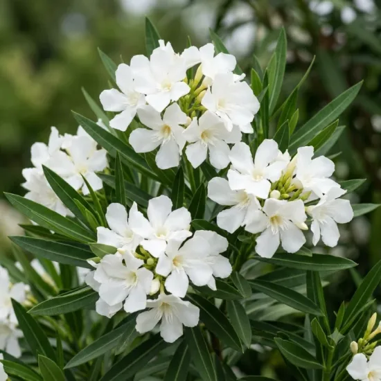 Laurier rose (blanc) — grappes de fleurs blanches parmi un feuillage vert