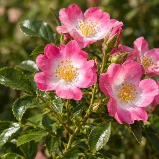 Rosier paysager rose et blanc hortis (Decorosier hortis) — fleurs simples roses et blanches en gros plan · Photo d'illustration