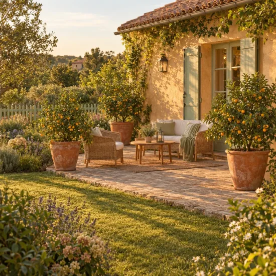 Oranger caviar (Citrus) — arbustes fruitiers en pots sur terrasse ensoleillée