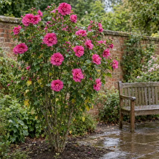 Althéa 'Pompei minsygrou02' (Hibiscus syriacus) — arbuste fleuri près d’un banc de jardin