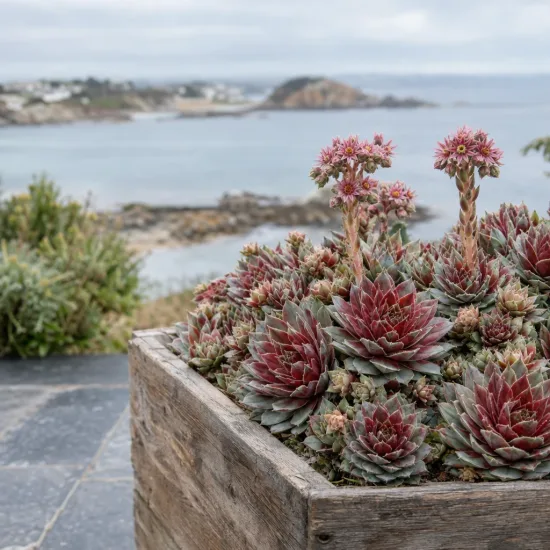 Joubarbe 'Chick charms steel appeal' (Sempervivum) — succulentes en rosettes dans bac bois, bord de mer · Photo d'illustration