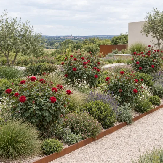 Rosier 'Chrysler imperial' (Rosa hybrida) — massif structuré avec rosiers rouges et vivaces · Photo d'illustration