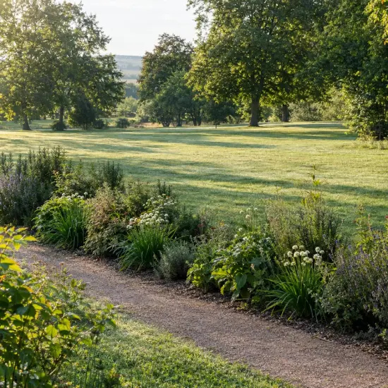 Ciboule chinoise (Allium tuberosum) — allée de gravier bordée de massifs fleuris