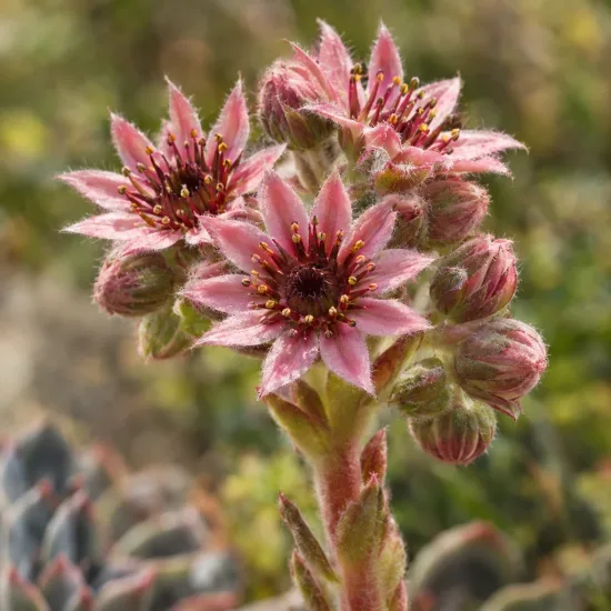 Joubarbe 'Chick charms steel appeal' (Sempervivum) — grappes de fleurs étoilées roses en gros plan · Photo d'illustration