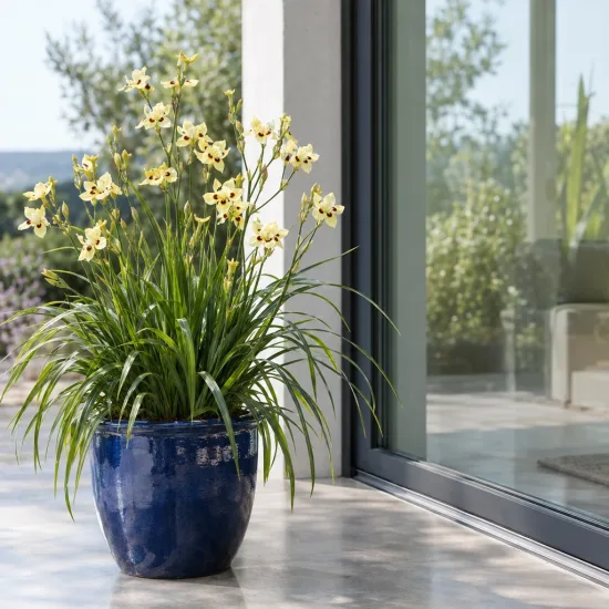 Iris espagnol (Dietes bicolore) — touffe florifère en pot bleu près d’une baie vitrée · Photo d'illustration