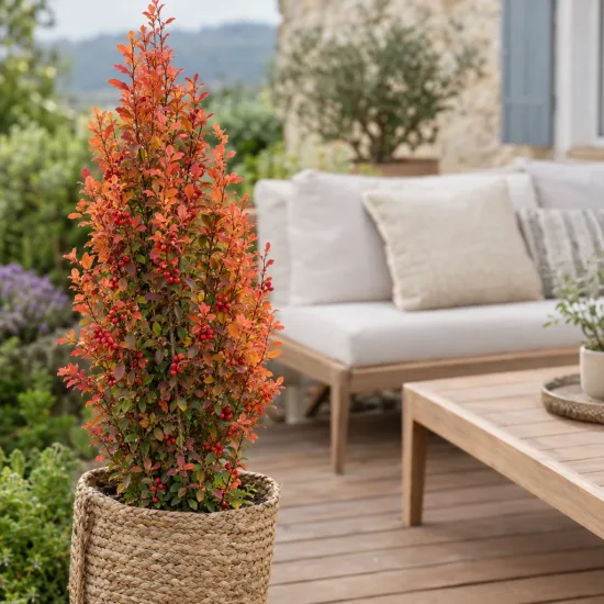 Épine-vinette de thunberg 'Orange rocket' (Berberis thunbergii) — arbuste étroit au feuillage orangé sur terrasse aménagée · Photo d'illustration