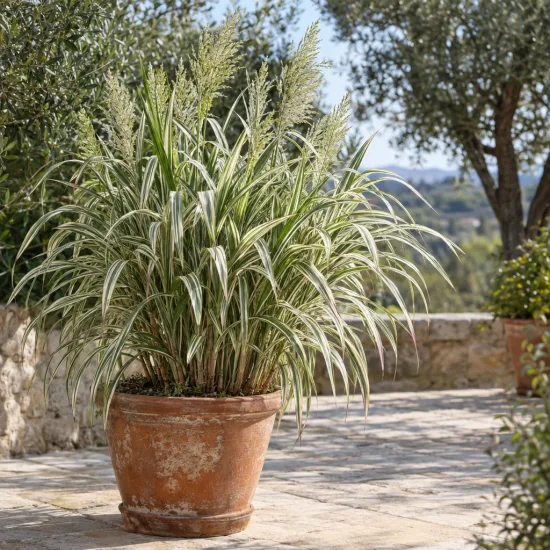 Canne de provence naine 'Variegata compact elly' (Arundo donax) — grande graminée panachée en pot sur terrasse · Photo d'illustration