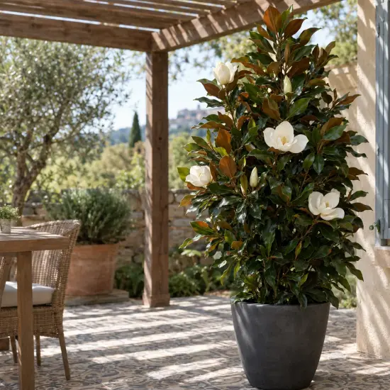 Magnolia 'Nana' (Magnolia grandiflora) — grand arbuste fleuri en pot sur terrasse