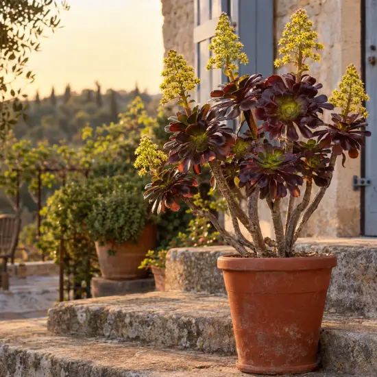 Aéonium pourpre 'Purpureum' (Aeonium arboreum) — plante succulente en pot sur marches en pierre