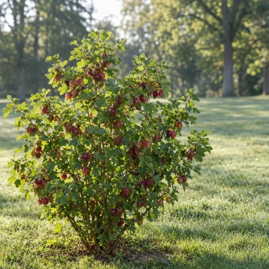 Groseillier 'A maquereaux captivator' (Ribes uva) — arbuste au feuillage vert couvert de baies rouges · Photo d'illustration