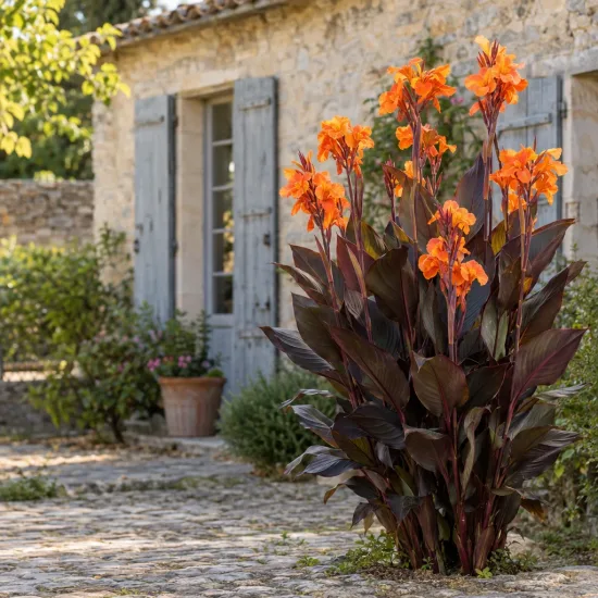Canna pourpre 'Liberte' — touffe vigoureuse à fleurs orange devant maison en pierre · Photo d'illustration