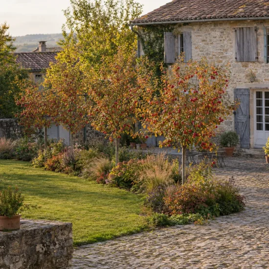 Pommier d'ornement 'Gulliver' (Malus transitoria) — petits arbres colorés bordant une allée pavée · Photo d'illustration