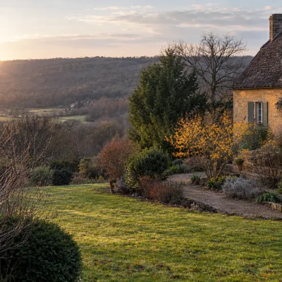 Hamamélis de chine 'Orange beauty' (Hamamelis mollis) — jardin de campagne au coucher du soleil · Photo d'illustration