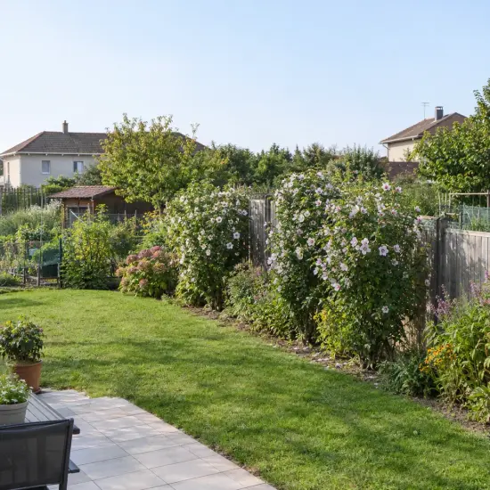 Althéa 'Igloo' (Hibiscus syriacus) — massif arbustif fleuri le long d'une clôture de jardin