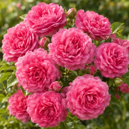 Rosier couvre-sol 'Pablito' (Rosa) — gros plan de grappes de fleurs roses