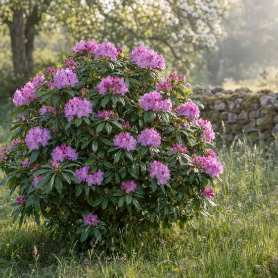 Rhododendron (Rhododendron hybrida) — arbuste arrondi couvert de fleurs roses au jardin
