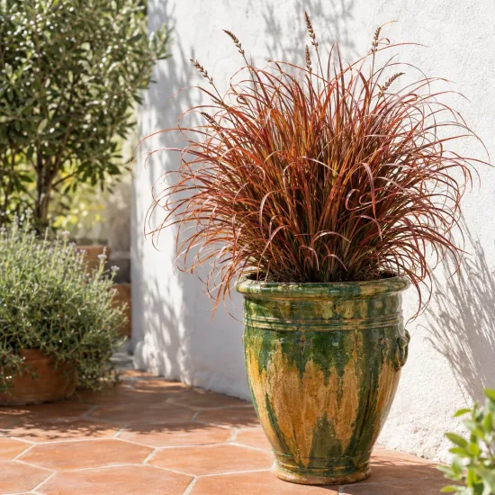 Laîche de buchanan 'Red rooster' (Carex buchananii) — touffe de graminée rousse dans grand pot vernissé · Photo d'illustration