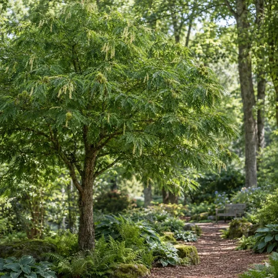 Châtaignier à feuille de fougère 'Aspleniifolia' (Castanea savita) — arbre au feuillage fin près d'un sentier de jardin · Photo d'illustration