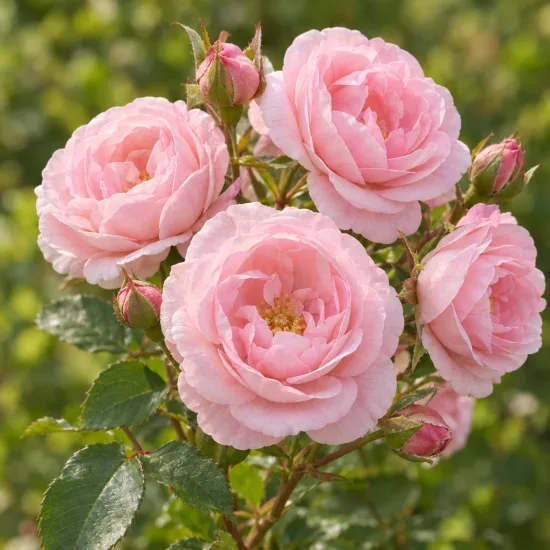 Rosier 'Ninon vallin' (Rosa hybrida) — gros plan de grappes de fleurs roses