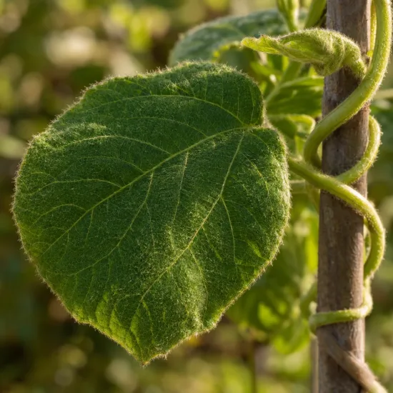 Kiwi 'hayward' 'Boskoop' (Actinidia deliciosa) — gros plan sur une feuille velue et tige volubile · Photo d'illustration
