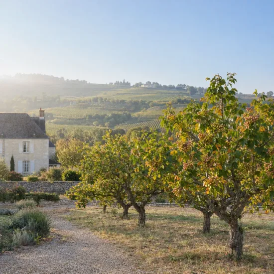 Pistachier vrai 'Larnaka' (Pistacia vera) — petits arbres alignés devant maison de campagne · Photo d'illustration