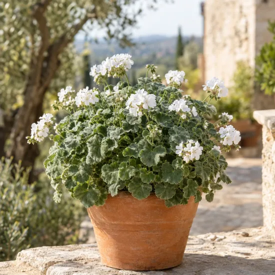 Géranium au parfum d'eucalyptus 'White' (Pelargonium fragrans) — plante fleurie à petites fleurs blanches en pot · Photo d'illustration