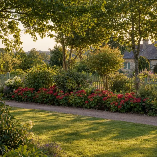 Hortensia 'Red ever belles' (Hydrangea macrophylla) — massif fleuri coloré le long d’une allée de jardin · Photo d'illustration