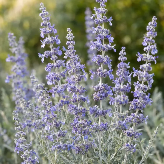Sauge de sibérie 'Silvery blue' (Perovskia atriplicifolia) — épis floraux dressés bleu violacé, feuillage argenté · Photo d'illustration