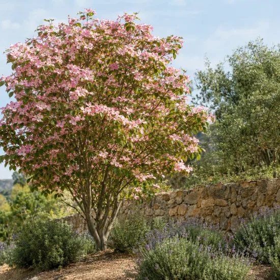 Cornouiller 'Stellar pink rutgan' (Cornus rutgersensis) — arbre couvert de fleurs roses près d'un muret · Photo d'illustration