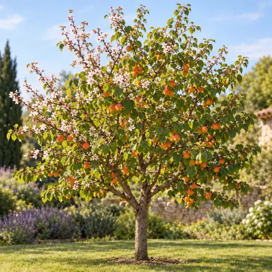 Abricotier 'Precoce saumur' (Prunus armeniaca) — arbre fruitier couvert de fleurs et fruits