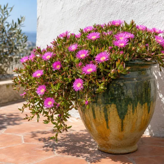 Carpobrotus 'Pink' (Carpobrotus edulis) — plante retombante en pot vernissé sur terrasse · Photo d'illustration